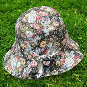Betmar Womens Floral Bucket Sun Hat Navy Pink Cotton Bow Summer Packable Travel